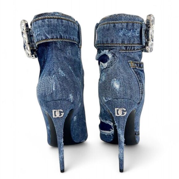 NWT DOLCE & GABBANA Dark Denim Patchwork DGLogo Rhinestone Ankle Boots S… - Picture 6 of 12